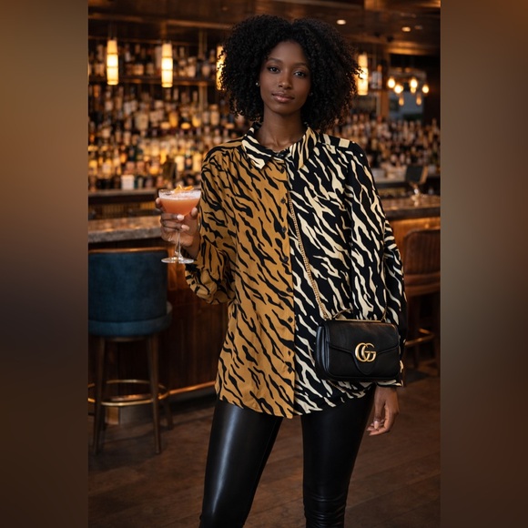 JODIFL Tops - JODIFL Two-Tone Animal Print Button-Down Shirt - Black & Mustard
